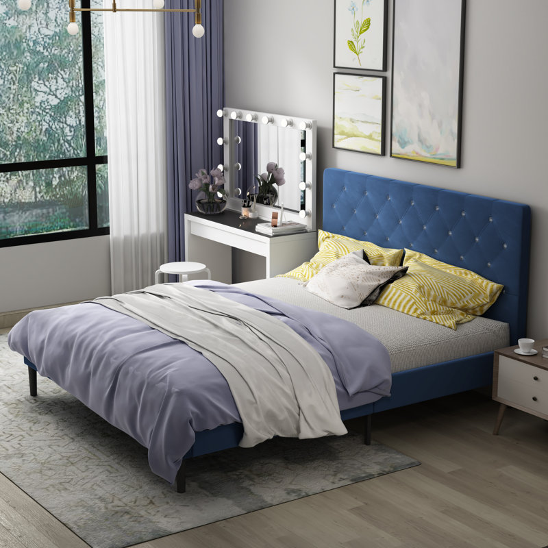 Blue upholstered bed frame sales